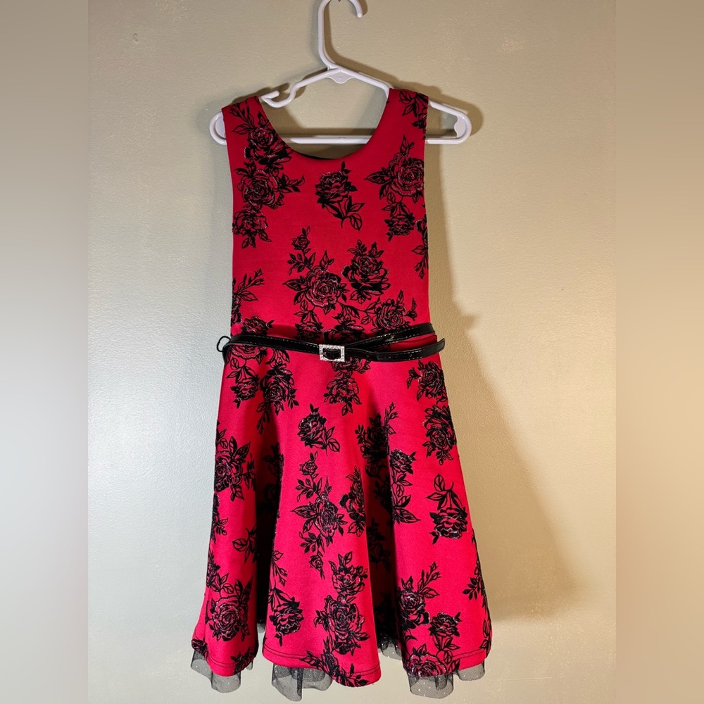 Beautees Red and Black Floral Kids Dress